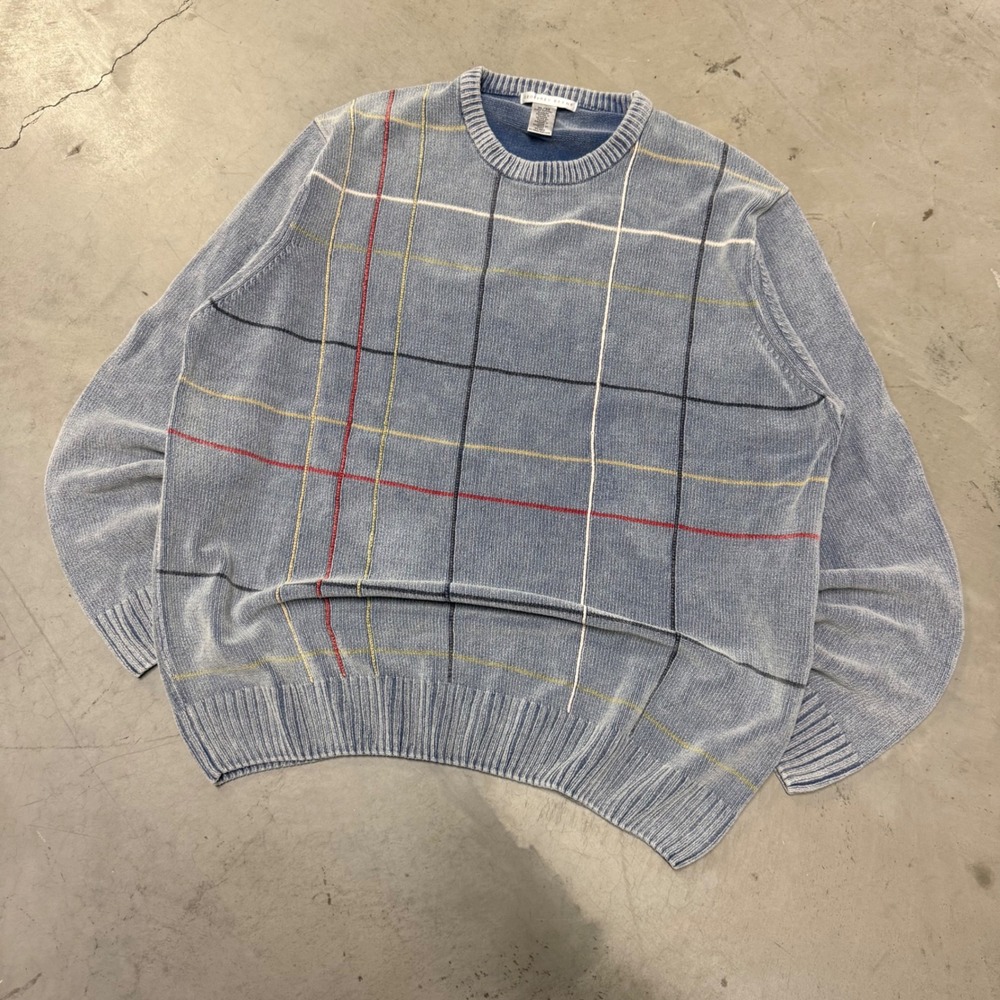 Geoffrey Beene Mens XL Blue Cotton Ribbed Knit Plaid Crewneck Sweater